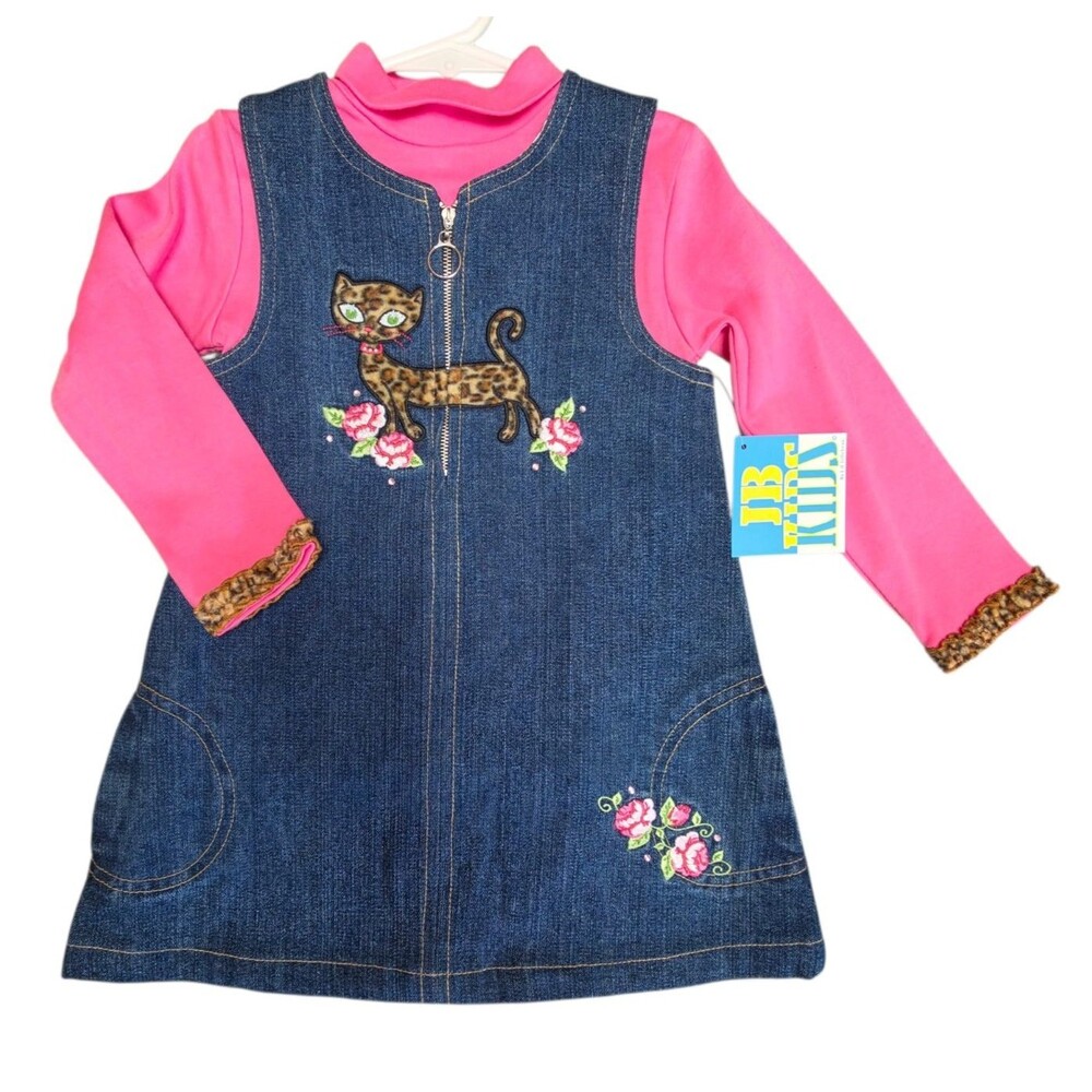 Lil Jellybean JB Kids Denim 2 Piece Dress Size 4T Jumper Blue Pink Spotted Cat